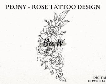 Peony and Roses Tattoo Design Download, Digital Tattoo Design For Women, Rose Stencil, Hip or Thigh Tattoo Design, Peony Tattoo Stencil