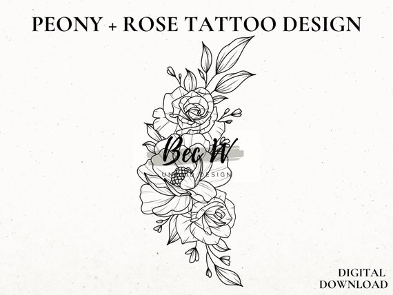 Peony and Roses Tattoo Design Download, Digital Tattoo Design For Women, Rose Stencil, Hip or Thigh Tattoo Design, Peony Tattoo Stencil