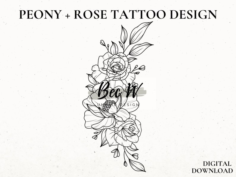 Peony and Roses Tattoo Design Download, Digital Tattoo Design For Women, Rose Stencil, Hip or Thigh Tattoo Design, Peony Tattoo Stencil image 1