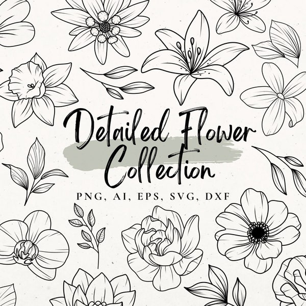 Bundle Svg fleur, pochoir fleur, conception de tatouage de fleur, clipart floral PNG, fichier SVG fleurs sauvages pour Cricut, clipart fleur, fleur de naissance