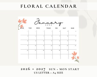 Calendario mensual imprimible 2026 y 2027, Planificador Goodnotes floral 2026, Calendario de pared, Descarga gratuita de calendario floral