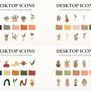 Op de afbeelding: Een set van 10 digitale bureaubladpictogrammen met illustraties van planten en mappen. De pictogrammen zijn in een minimalistische stijl met een neutraal kleurenpalet. De tekst "DESKTOP ICONS" en "10 ICONS AND 5 COLOURED FOLDERS" is opgenomen in de afbeelding.