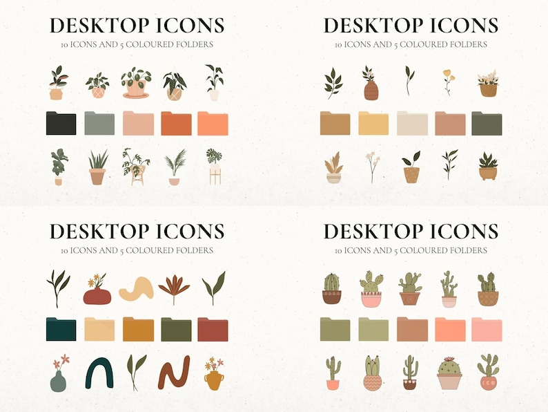 Op de afbeelding: Een set van 10 digitale bureaubladpictogrammen met illustraties van planten en mappen. De pictogrammen zijn in een minimalistische stijl met een neutraal kleurenpalet. De tekst "DESKTOP ICONS" en "10 ICONS AND 5 COLOURED FOLDERS" is opgenomen in de afbeelding.