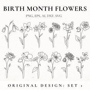 Paquete de flores del mes de nacimiento, flor de línea fina, plantilla de flores, diseño de tatuaje floral para mujeres, clip art de flores de nacimiento, SVG botánico, archivos