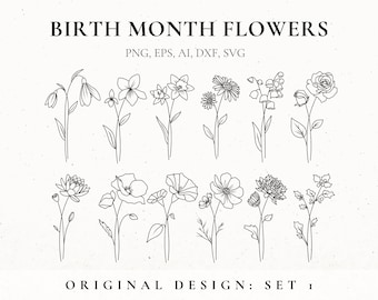 Birth Month Flower Svg Bundle, Fine Line Flower, Flower stencil, Floral Tattoo Design for women, Birth Flower Clip Art, Botanical SVG, Files