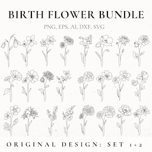 Bundle Svg fleur mois de naissance, fleur fine, pochoir fleur, conception de tatouage floral pour femme, clipart fleur de naissance, botanique SVG, fichiers