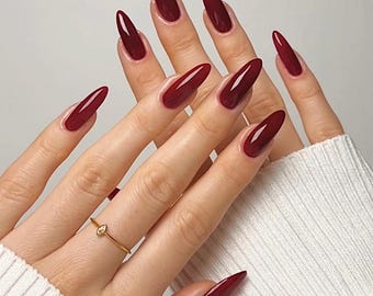 Cherry Red Burgundy Long Almond Luxury Press On Nails
