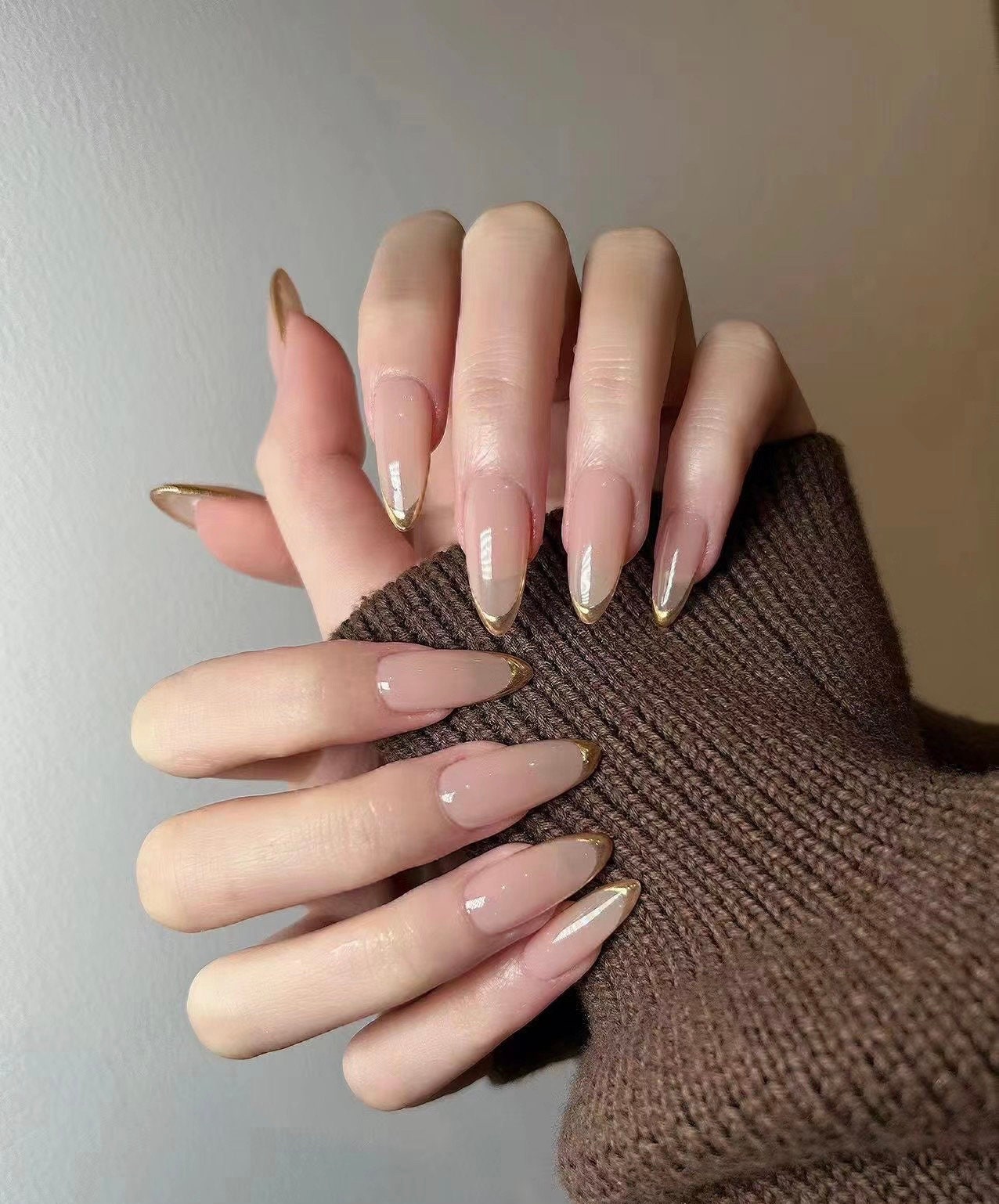 Beige Gold French Almond Long Luxury Press On Nails