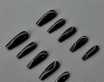 Black Silver Line Long Coffin Luxury Press On Nails