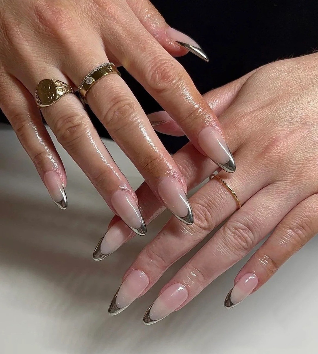 Beige Nude Silver Mirror Chrome Effect French Long Almond Press on