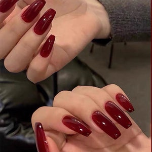 Borgonha Vermelho Transparente Geléia Cereja Vermelho Caixão Longo Luxo Press On Unhas