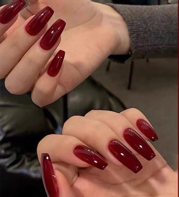 Burgundy Red Clear Jelly Cherry Red Long Coffin Luxury Press on