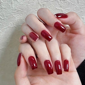 Valentine Burgundy Red Long Square Luxury Press On Nails
