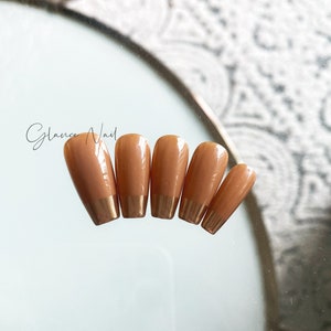 Brown Base Gold French Long Coffin Luxury Press On Nails short nails Coffin nails Almond nails Long nails image 1