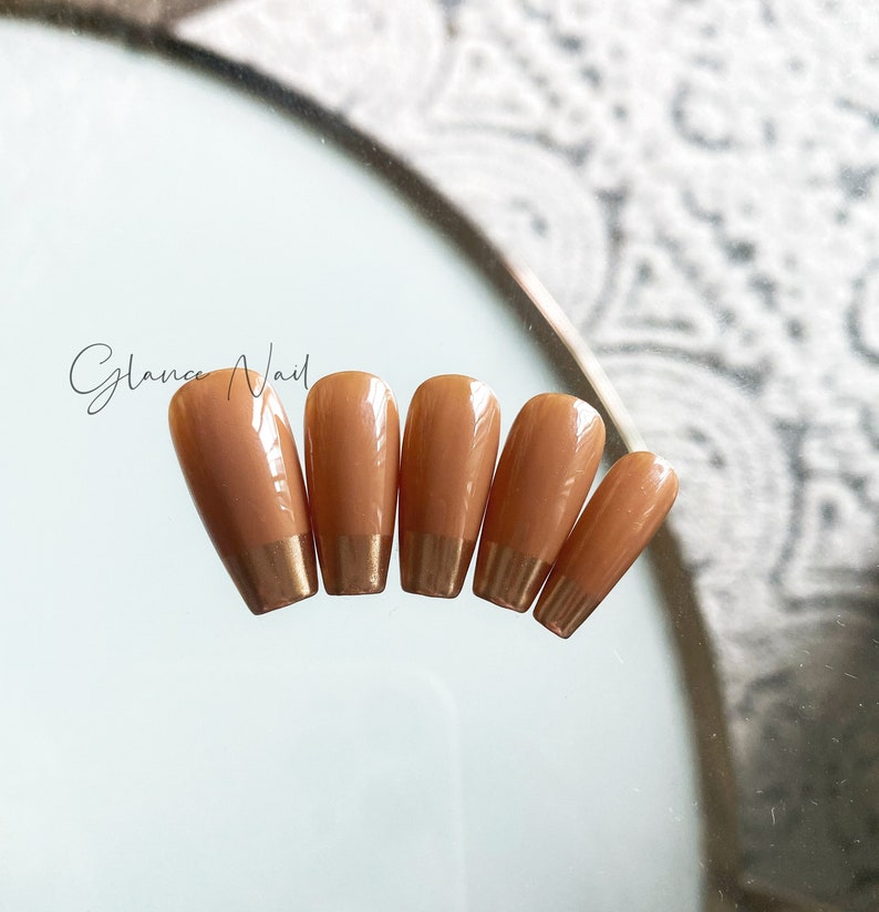 Brown Base Gold French Long Coffin Luxury Press On Nails short nails Coffin nails Almond nails Long nails image 1