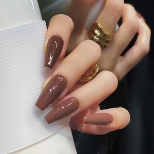 Caremel Brown Long Coffin Luxury Press On Nails - P097