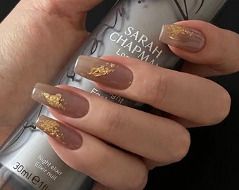 Jelly Brown Gold Foils Medium Coffin Luxury Press On Nails -S08