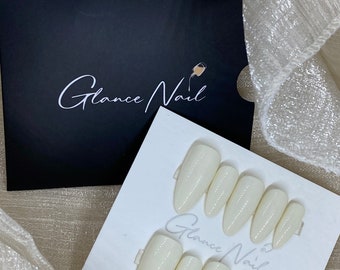 Yogurt White  Gloss Finished Long Almond Luxury Press On Nails