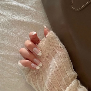 Chrome Effect White French Hailey Bieber Long Almond Luxury Press On Nails
