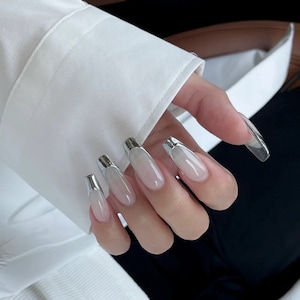 Milky White Base Silver Mirror Chrome Effect French Long Coffin Luxury Press On Nails