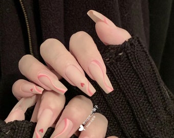 Matte Finished Beige Pink Lines Mini Heats Long Coffin Luxury Press On Nails