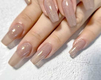 Lichtbruine gouden shrimmer lange kist luxe pers op nagels- S33
