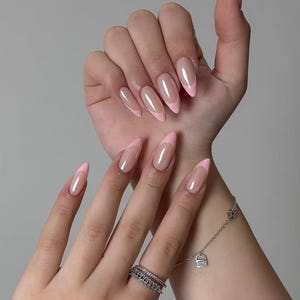 Chrome Effect Pink French Hailey Bieber Long Almond Luxury Press On Nails