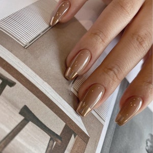 Brown Base Gold French Long Coffin Luxury Press On Nails short nails Coffin nails Almond nails Long nails image 3