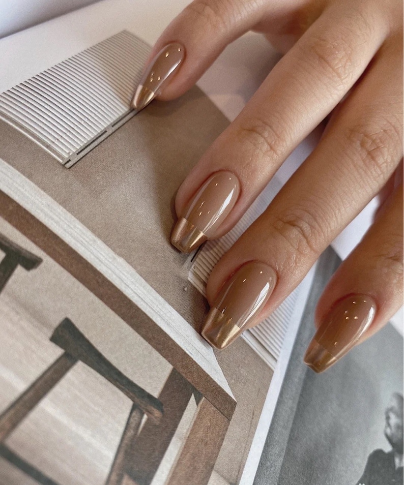 Brown Base Gold French Long Coffin Luxury Press On Nails short nails Coffin nails Almond nails Long nails image 3