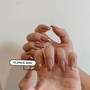 Brown Base Gold French Long Coffin Luxury Press On Nails short nails Coffin nails Almond nails Long nails image 2
