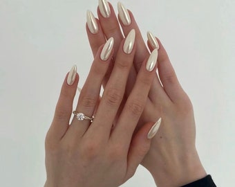 Creamy White Chrome Effect Pearl Silk Shiny Almond Long Bride Press On Nails- Long Nails- Coffin Nails- Short Nail