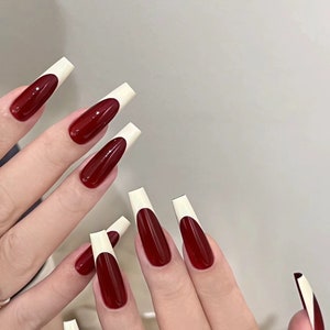 Burgundy Wine Cherry Red White French Long Coffin Luxury Press On Nails