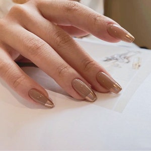 Brown Base Gold French Long Coffin Luxury Press On Nails short nails Coffin nails Almond nails Long nails image 4