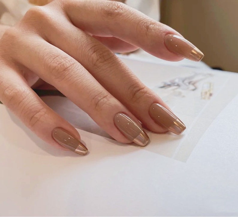 Brown Base Gold French Long Coffin Luxury Press On Nails short nails Coffin nails Almond nails Long nails image 4