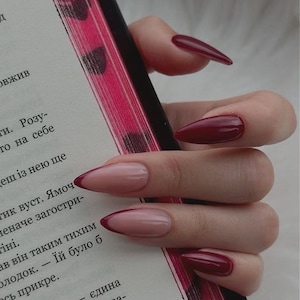 Thin Burgundy Red French Wine Red Pink Base Long Almond Luxury Press On Nails