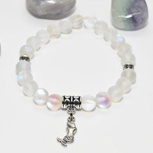 Matte Angel Aura Quartz with Tibetan Alloy spacers and Alloy Mermaid Charm 8mm round stretch bracelet  7.75&quot;-8&quot;