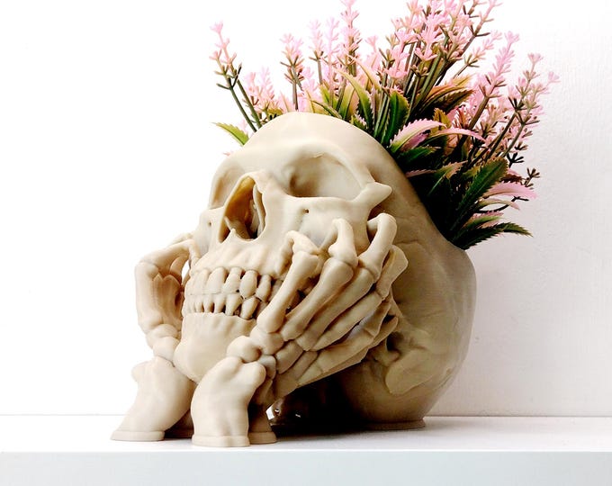Happy Skull Planter – Realistic Gothic Decor Plant Pot, Dark Academia Macabre Head Planter