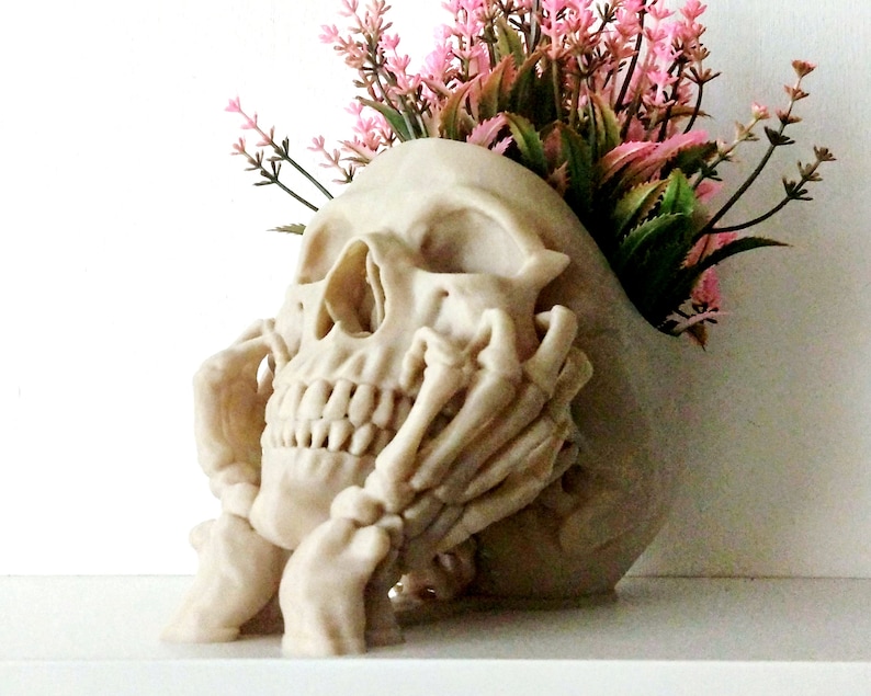 Happy Skull Horror Planter Unique Plant Pot, Witchy/Goth Decor Bedroom & Home Bone White