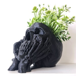 Happy Skull Horror Planter Unique Plant Pot, Witchy/Goth Decor Bedroom & Home Charcoal Black