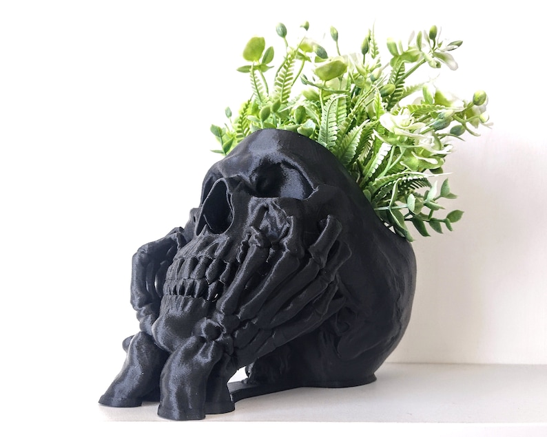 Happy Skull Horror Planter Unique Plant Pot, Witchy/Goth Decor Bedroom & Home Charcoal Black