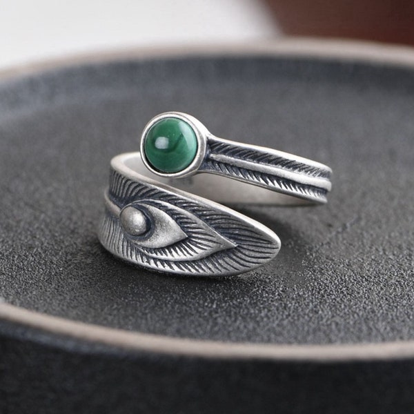 Solid silver ring s925 adjustable feather shape green stone ring vintage ethnic gift for woman retro boho ring