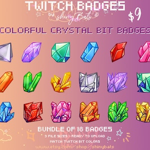 18 colorful crystal Twitch bit badges for affiliated or partnered stream instant download bundle for goth witchy aesthetic cheer graphics