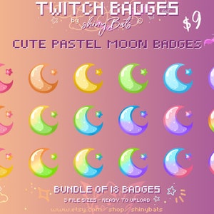 18 cute pastel moon Twitch bit badges for affiliated or partnered stream instant download bundle kawaii rainbow art aesthetic cheer graphics