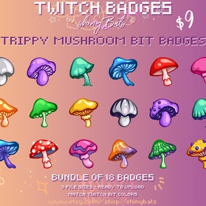 18 emblemas de bits Twitch de cogumelo trippy para stream de afiliados ou parceiros, pacote de download instantâneo para gráficos coloridos de alegria estética hippie