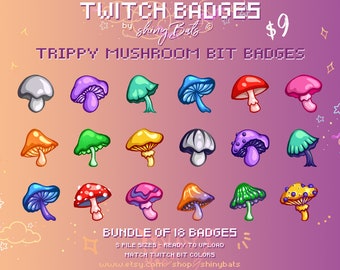 18 trippy mushroom Twitch bit badges for affiliated or partnered stream instant download bundle for colorful hippy aesthetic cheer graphics