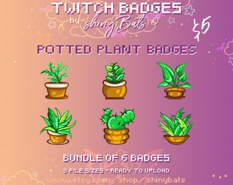 6 Topfpflanzen Twitch Sub Badges für verbundene oder Partner-Stream Sofort-Download-Bundle niedlichen grünen Zimmerpflanze Terrakotta Ästhetik
