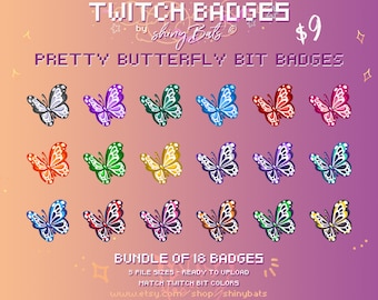 18 pretty butterfly Twitch bit badges for affiliated or partnered stream instant download bundle vibrant rainbow aesthetic cheer graphics