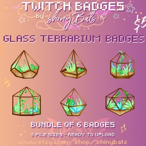 K&ouml;nnte beinhalten: Digitale Twitch-Badges mit sechs Glas-Terrarium-Designs mit verschiedenen Pflanzen. Der Text lautet "TWITCH BADGES" und "GLASS TERRARIUM BADGES". Die Badges sind hochladebereit und in 5 Dateigr&ouml;&szlig;en erh&auml;ltlich.