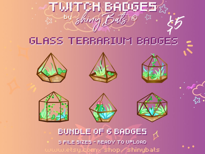 K&ouml;nnte beinhalten: Digitale Twitch-Badges mit sechs Glas-Terrarium-Designs mit verschiedenen Pflanzen. Der Text lautet "TWITCH BADGES" und "GLASS TERRARIUM BADGES". Die Badges sind hochladebereit und in 5 Dateigr&ouml;&szlig;en erh&auml;ltlich.