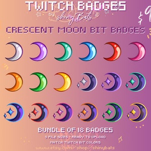 18 三日月 Twitch ビットバッジ、アフィリエイトまたはパートナー ストリーム用、インスタント ダウンロード バンドル、かわいい魔女のグラフィック、チャットに魔法の歓声を追加